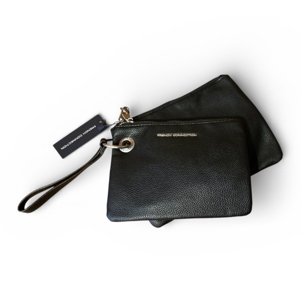 French Connection Black Pebbled Faux Leather Wristlet & Pouch Set